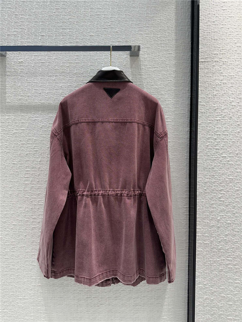 Pra*a unisex distressed leather collar denim jacket