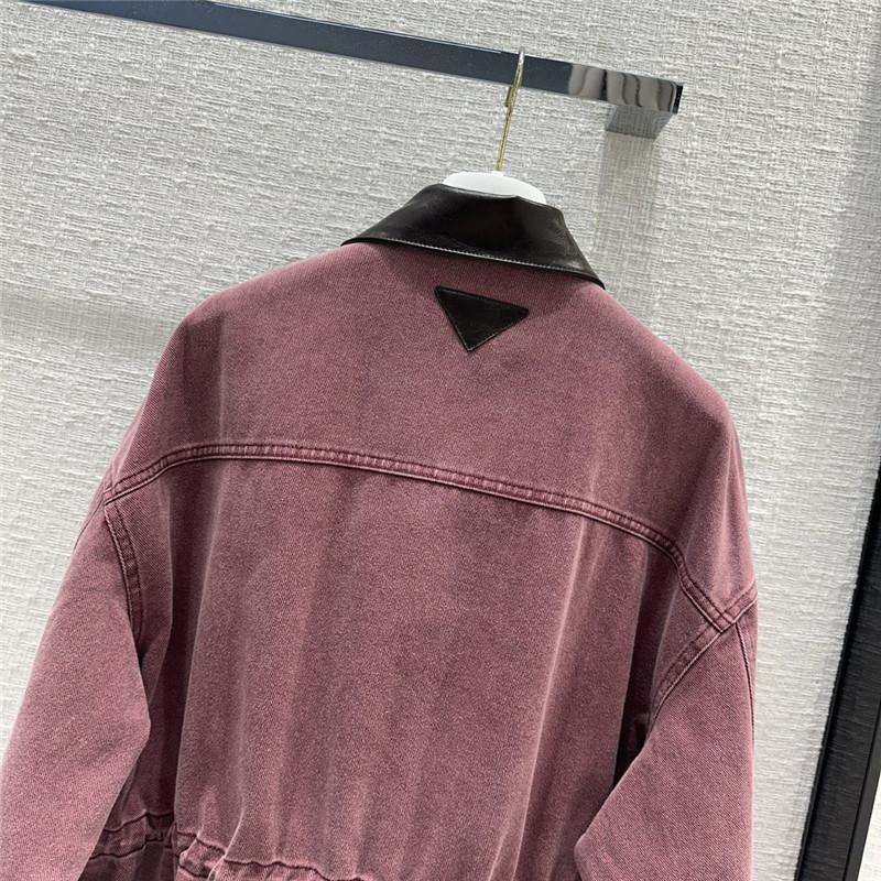 Pra*a unisex distressed leather collar denim jacket