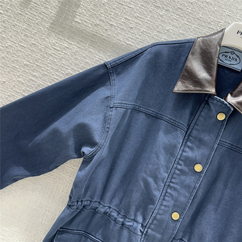 Pra*a unisex distressed leather collar denim jacket