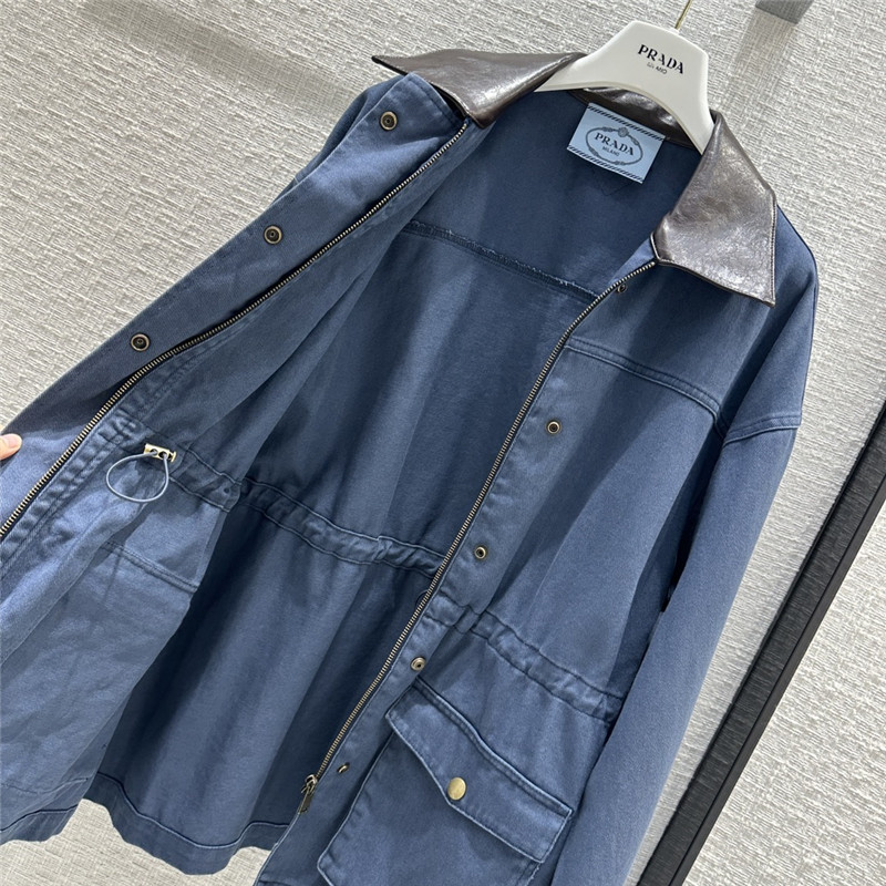 Pra*a unisex distressed leather collar denim jacket