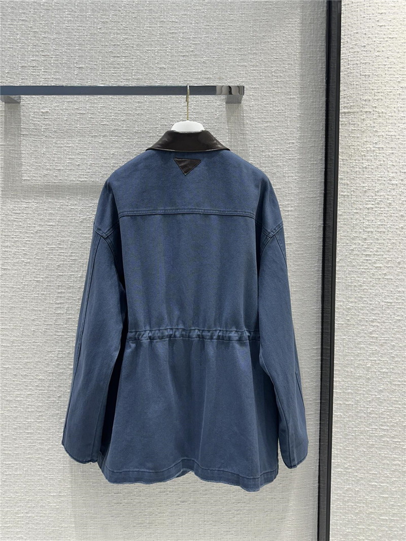 Pra*a unisex distressed leather collar denim jacket