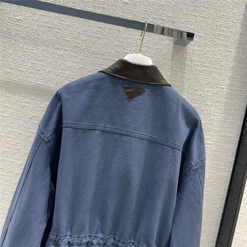 Pra*a unisex distressed leather collar denim jacket