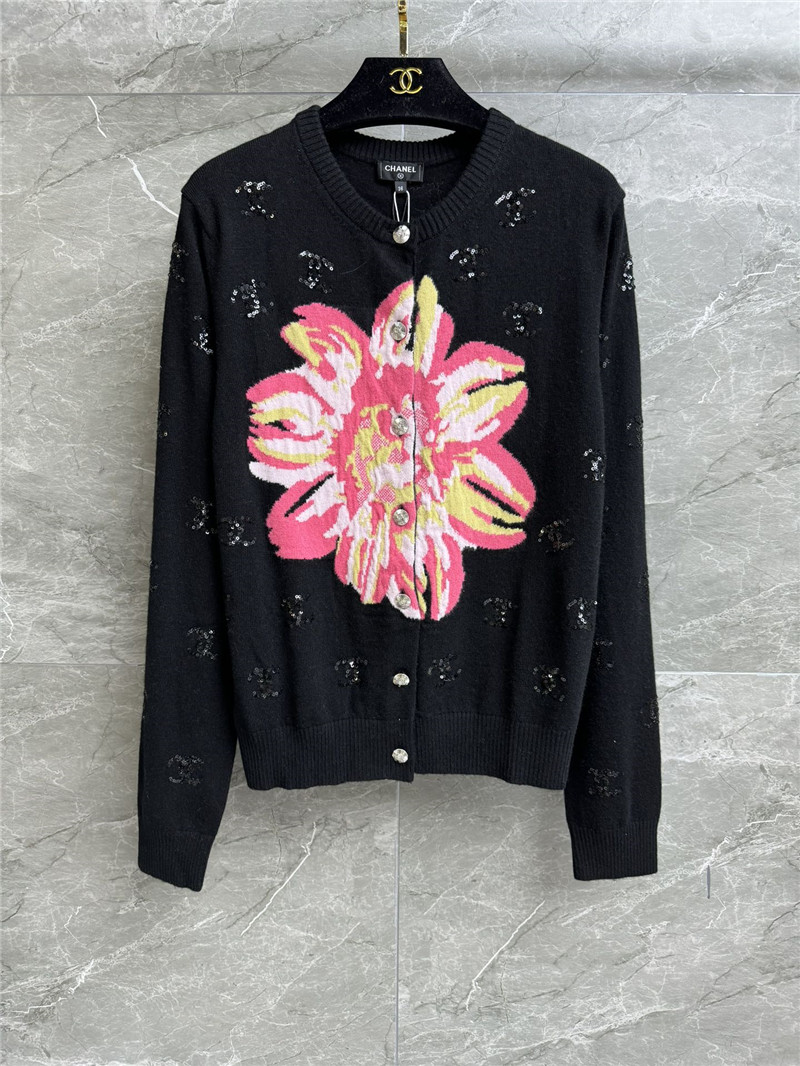 Ch**el logo floral sequins cardigan in black