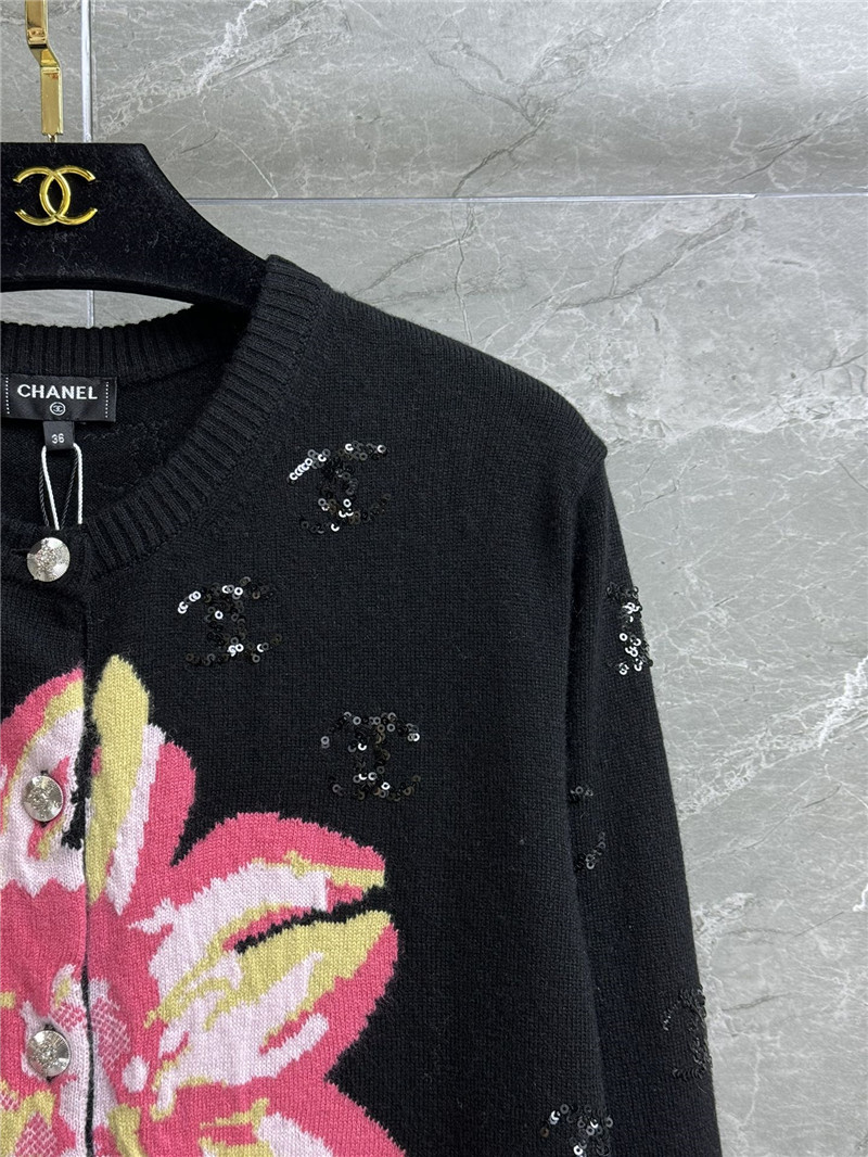 Ch**el logo floral sequins cardigan in black