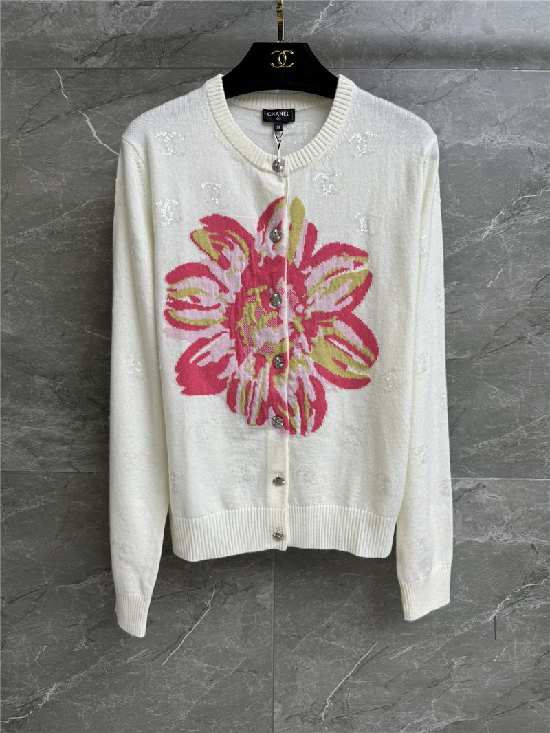 Ch**el logo floral sequins cardigan in white