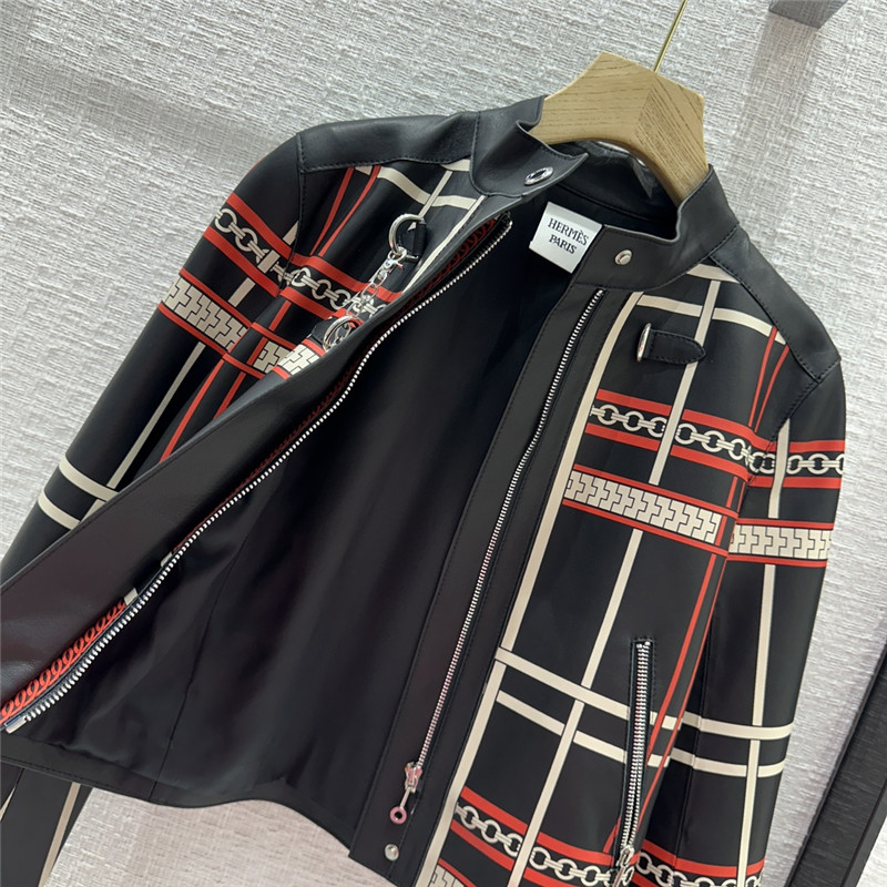 H**me5 positioning red plaid chain print lambskin jacket