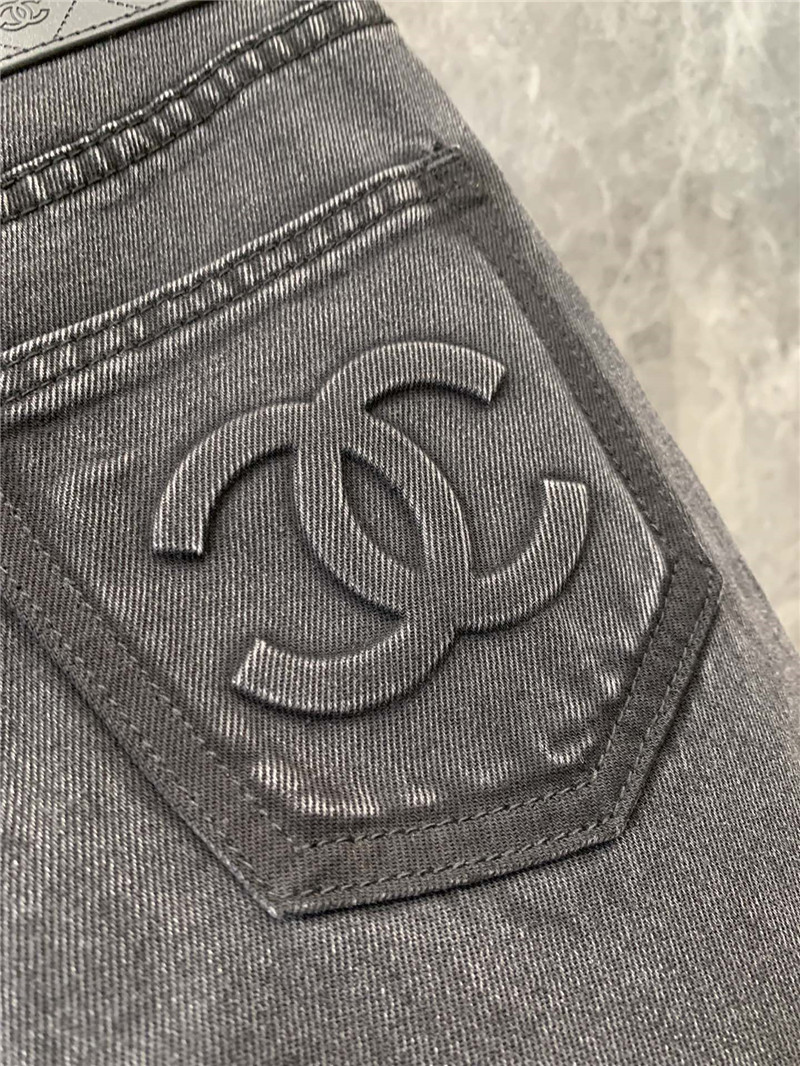 Ch**el waistband shaded back pocket laminated logo jeans