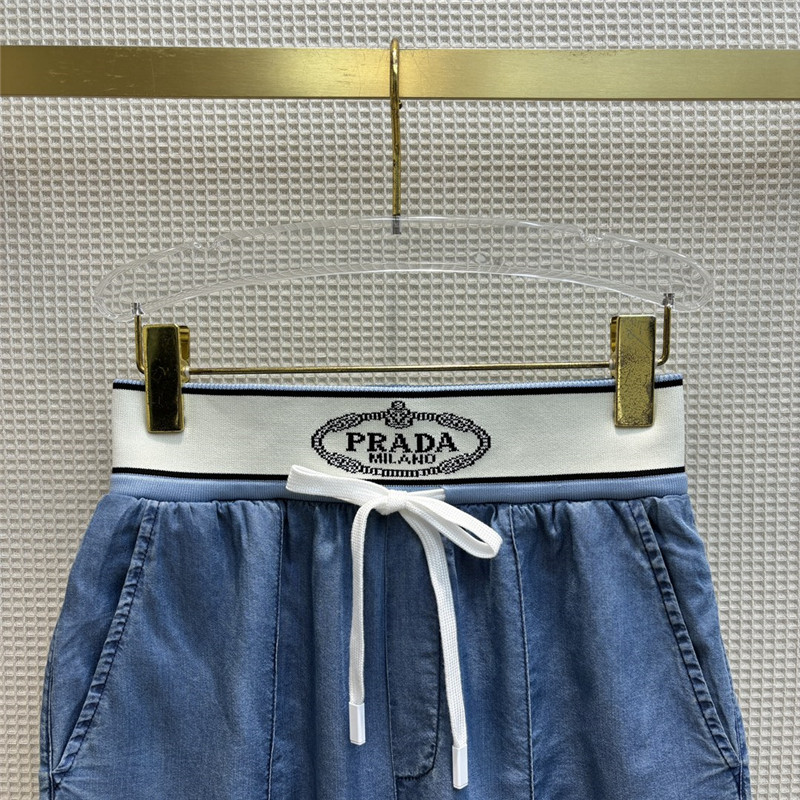 Pra*a new contrast color drawstring elastic waist tencel jeans
