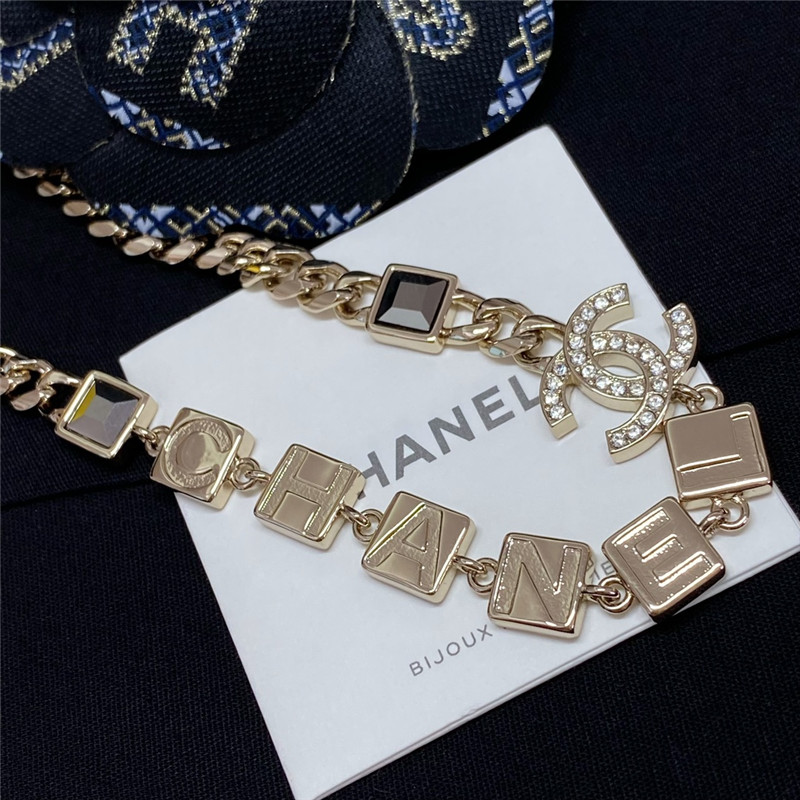 Ch**el monogram square stone rhinestone double c necklace