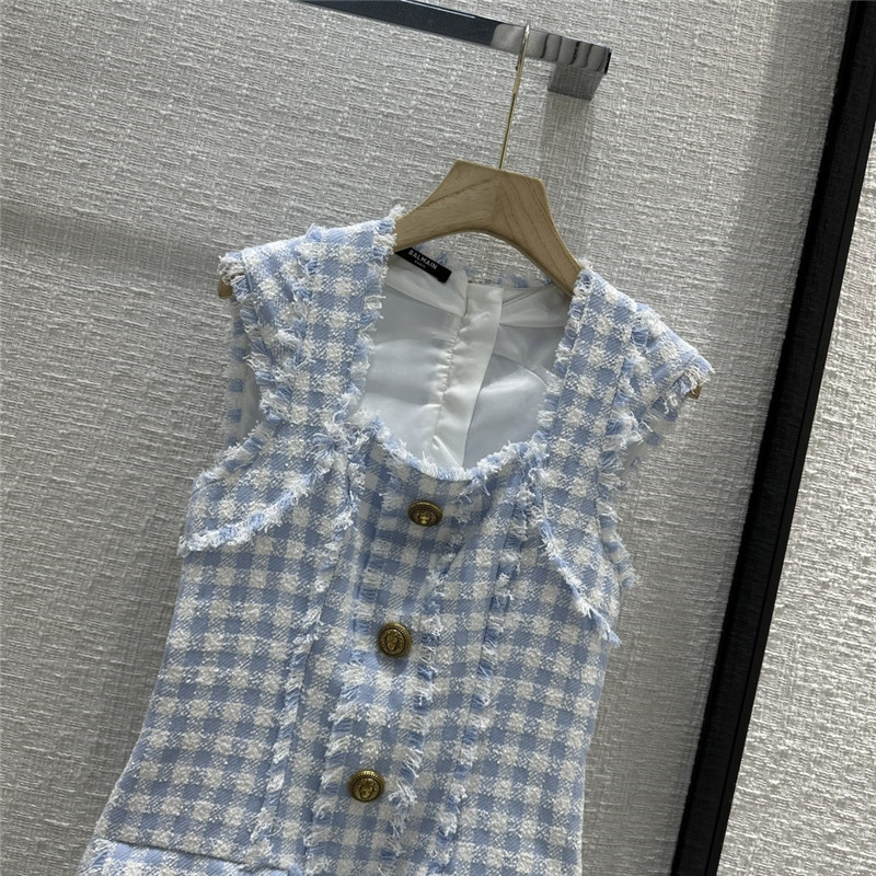 Balmain fringed blue and white plaid dress replicas clothes