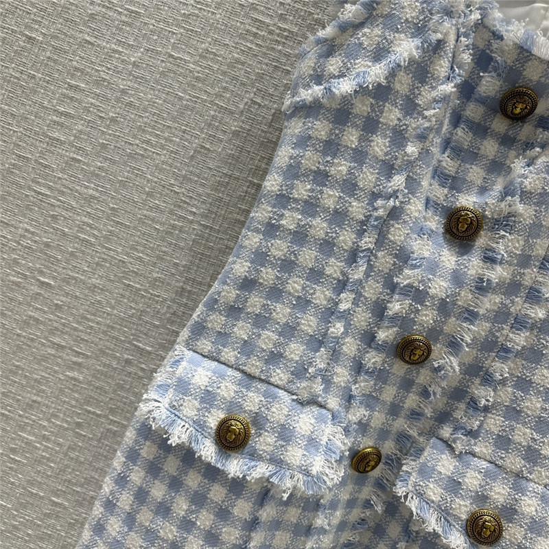 Balmain fringed blue and white plaid dress replicas clothes