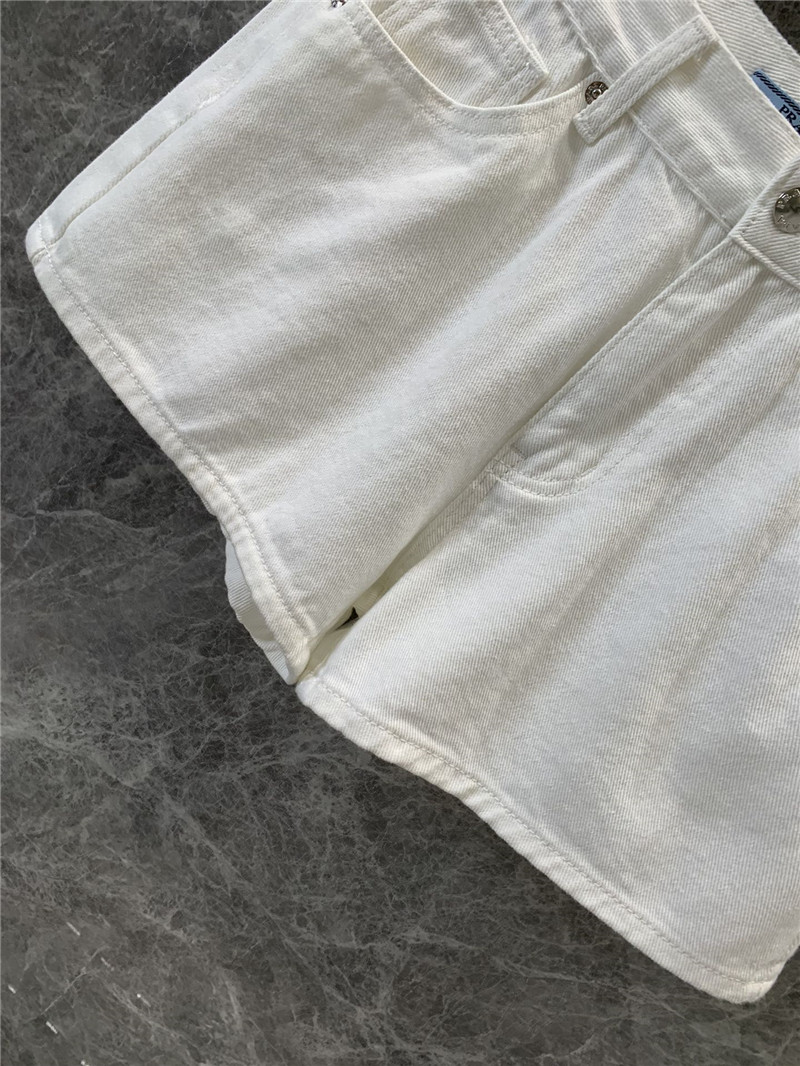 Pra*a triangle logo white denim shorts replica designer clothes