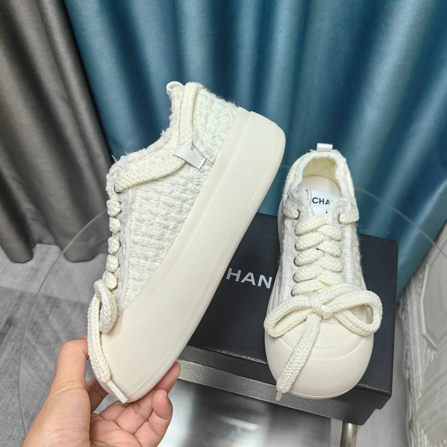 Ch**el white platform canvas sneakers