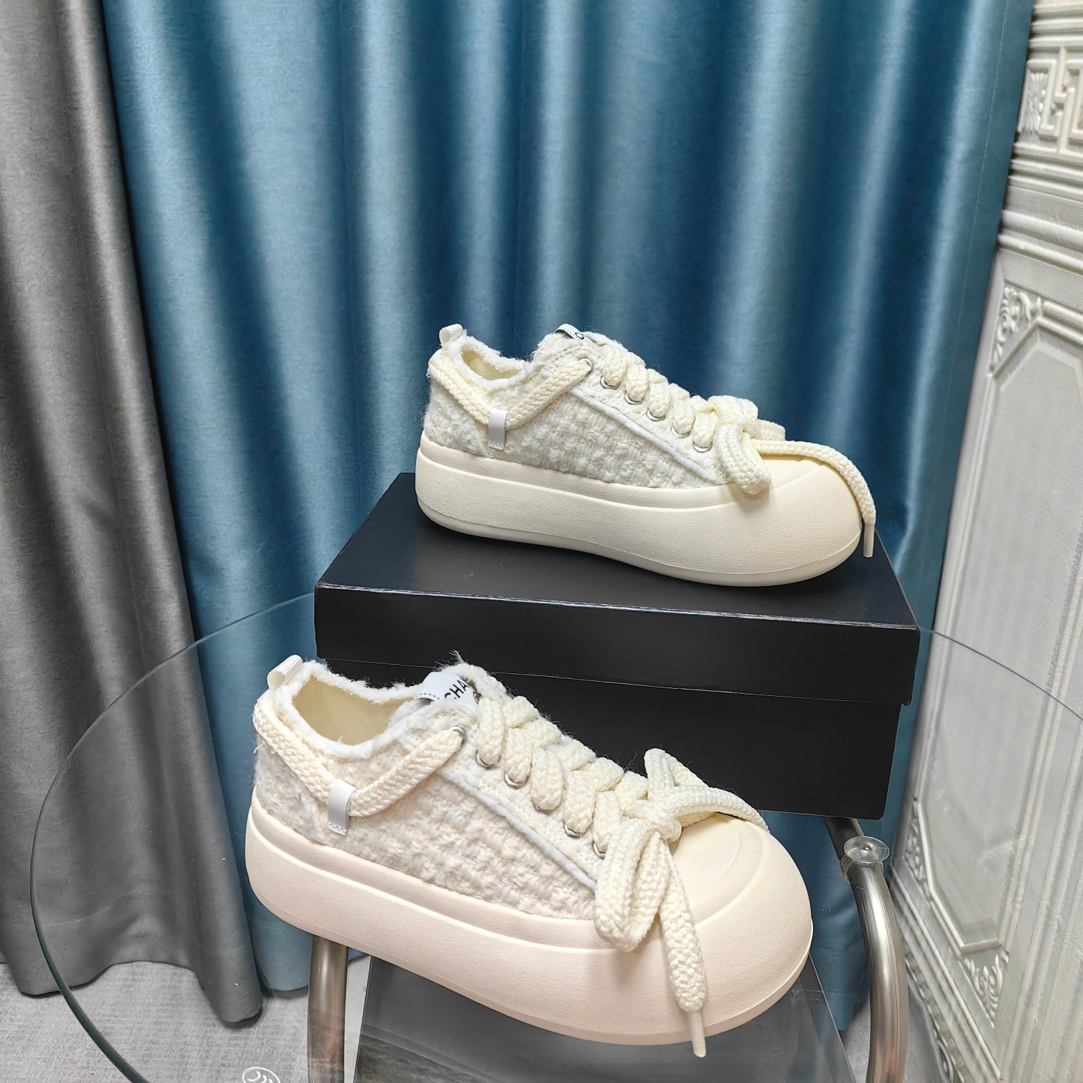 Ch**el white platform canvas sneakers