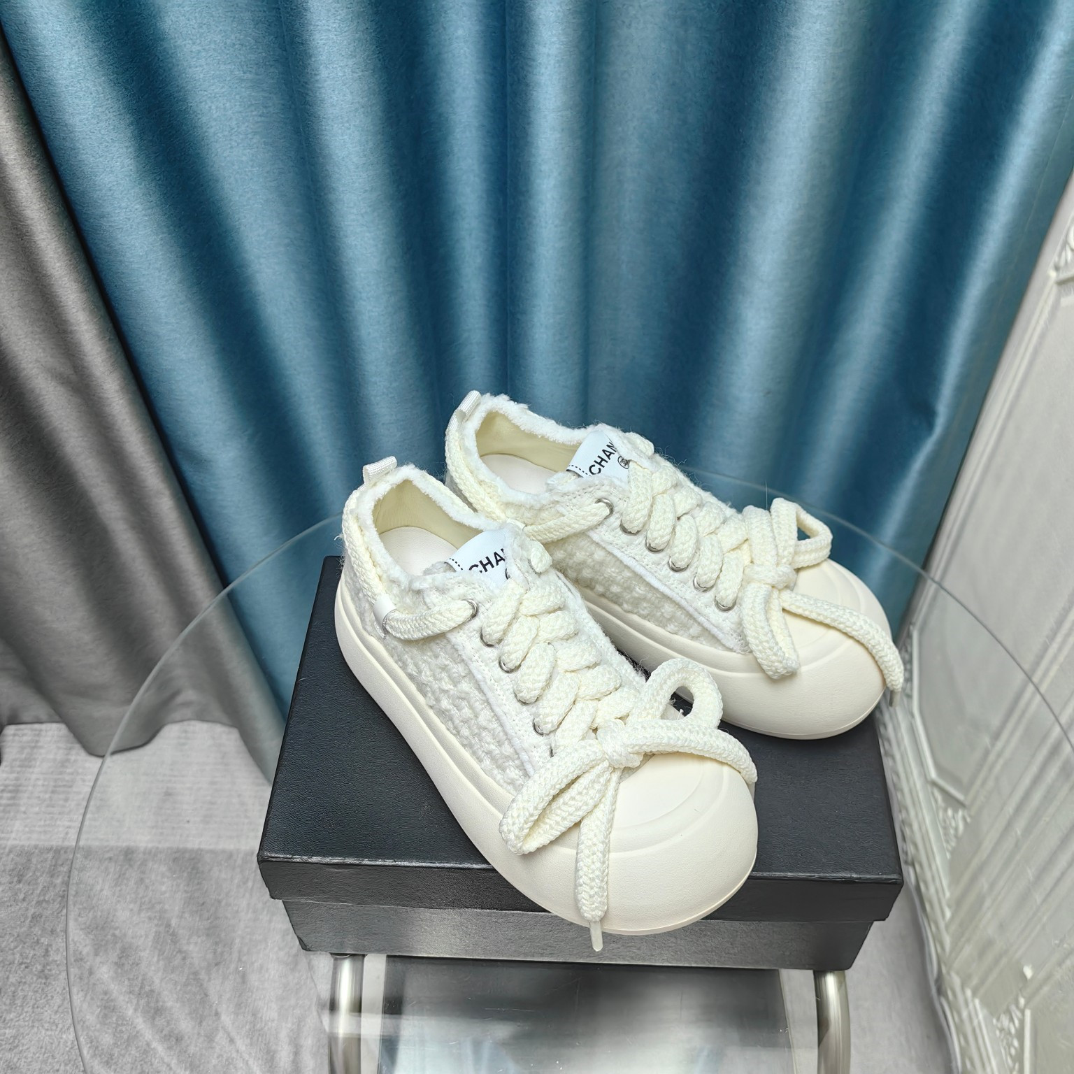 Ch**el white platform canvas sneakers