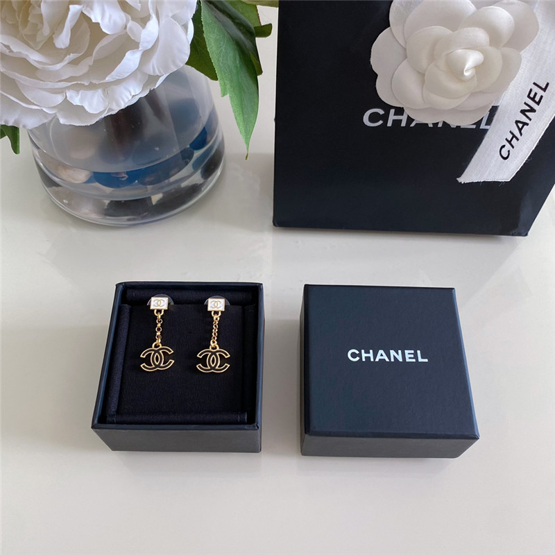 Ch**el white square chain black gold double c earrings