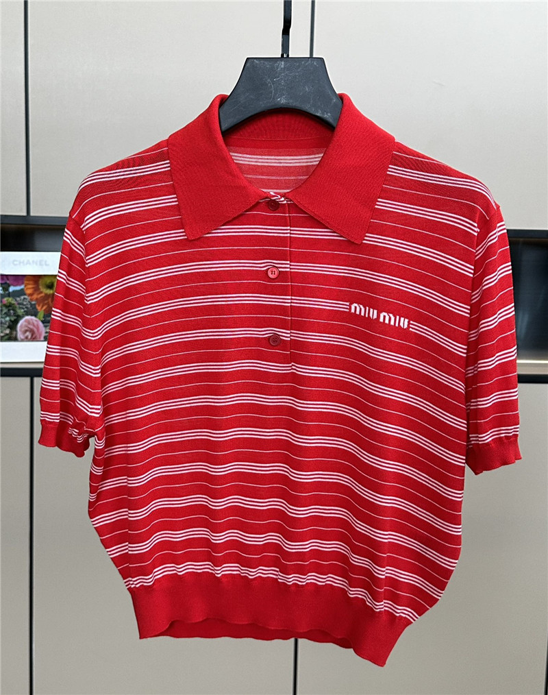 Miu Miu Red Strip Knitted Polo Shirt