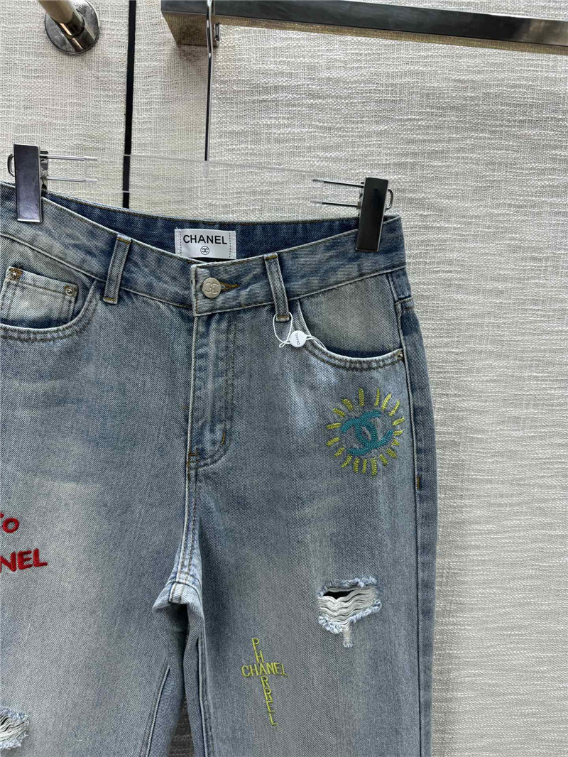 Ch**el ripped denim straight pants replica designer clothes