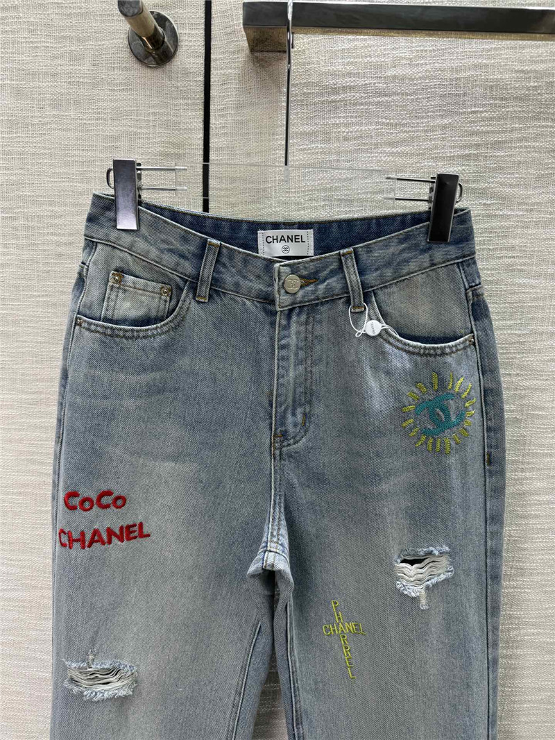 Ch**el ripped denim straight pants replica designer clothes