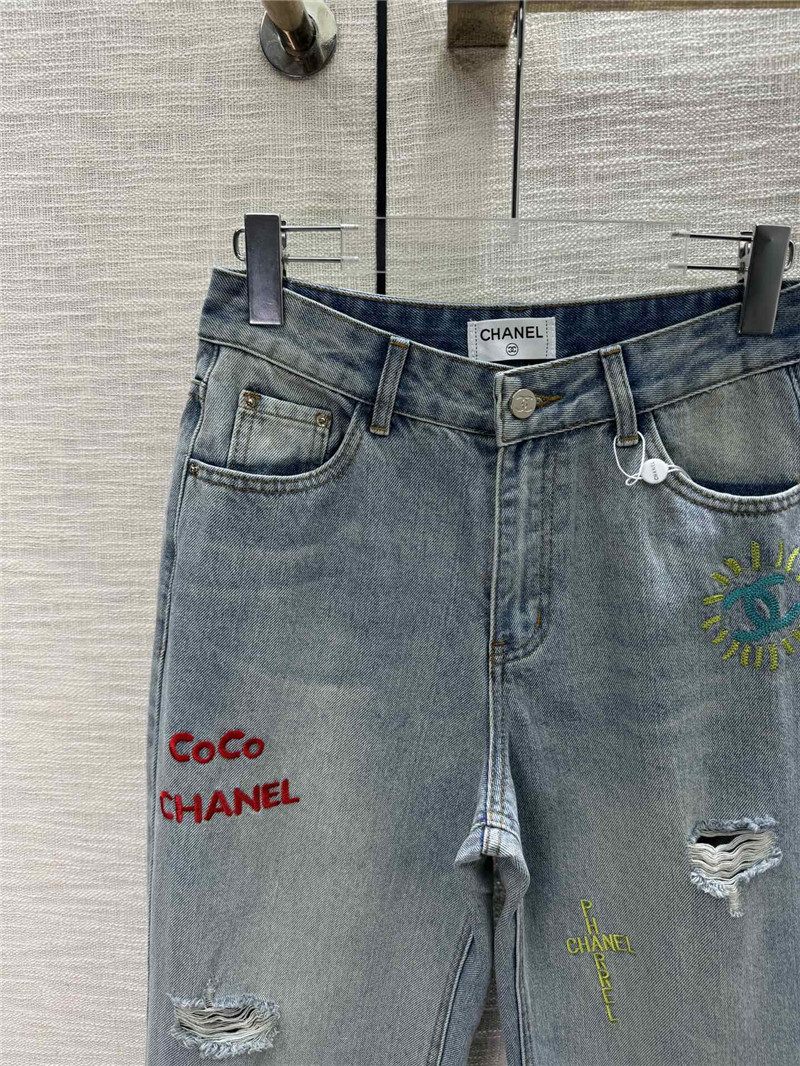 Ch**el ripped denim straight pants replica designer clothes