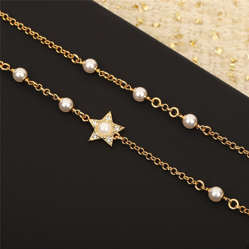 Ch**el five-pointed star double c pearl sweater chain