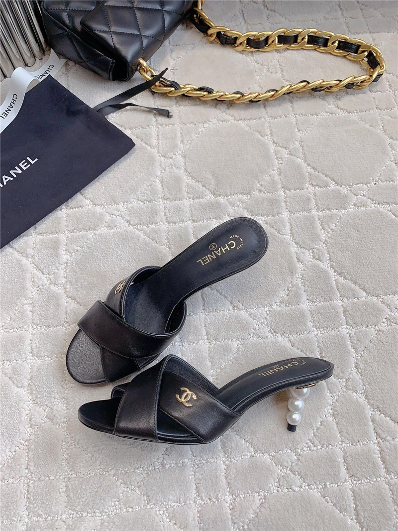 Ch**el black lambskin pearl heel mule