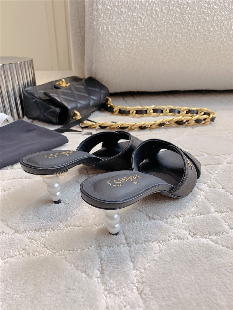 Ch**el black lambskin pearl heel mule