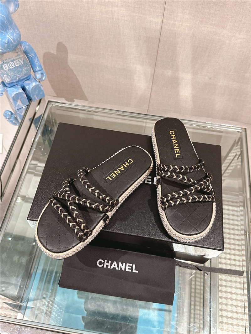 Chanel Cross Rope Platform Slippers Black