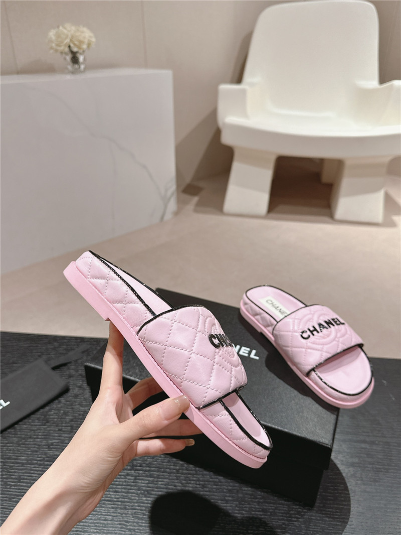 Ch**el lambskin quilted textured mules sandals pink