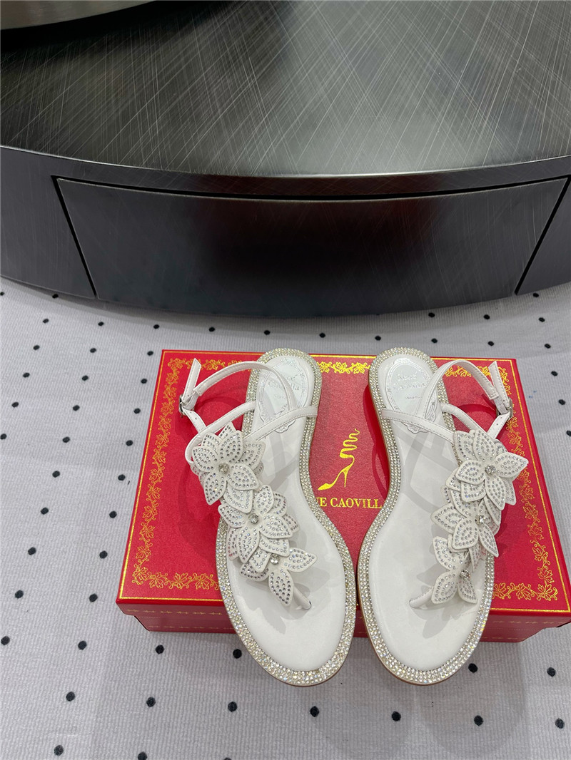 Rene Caovilla White Flat Flowers Sandals
