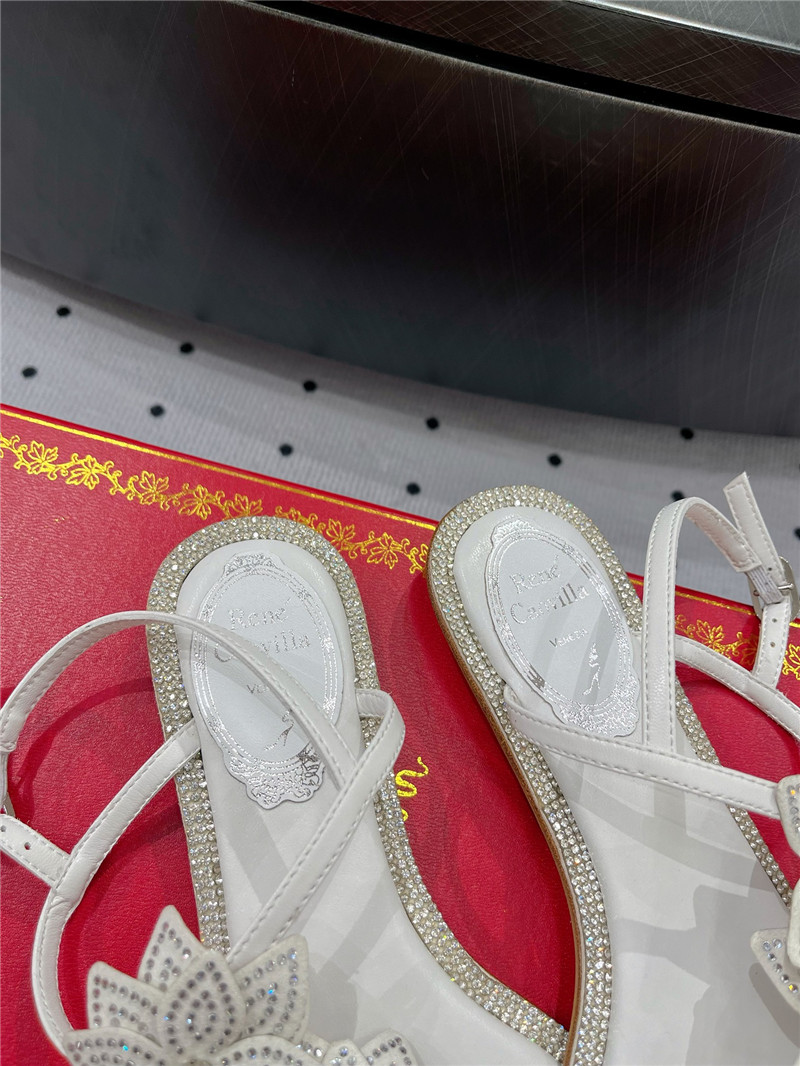 Rene Caovilla White Flat Flowers Sandals