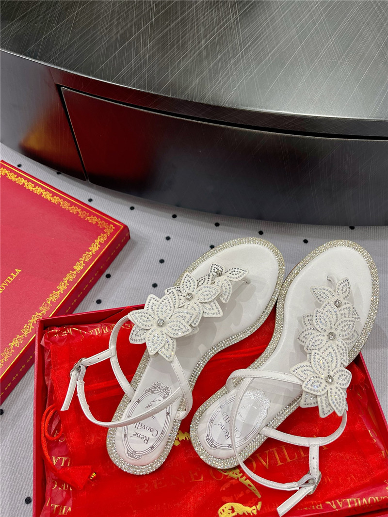 Rene Caovilla White Flat Flowers Sandals