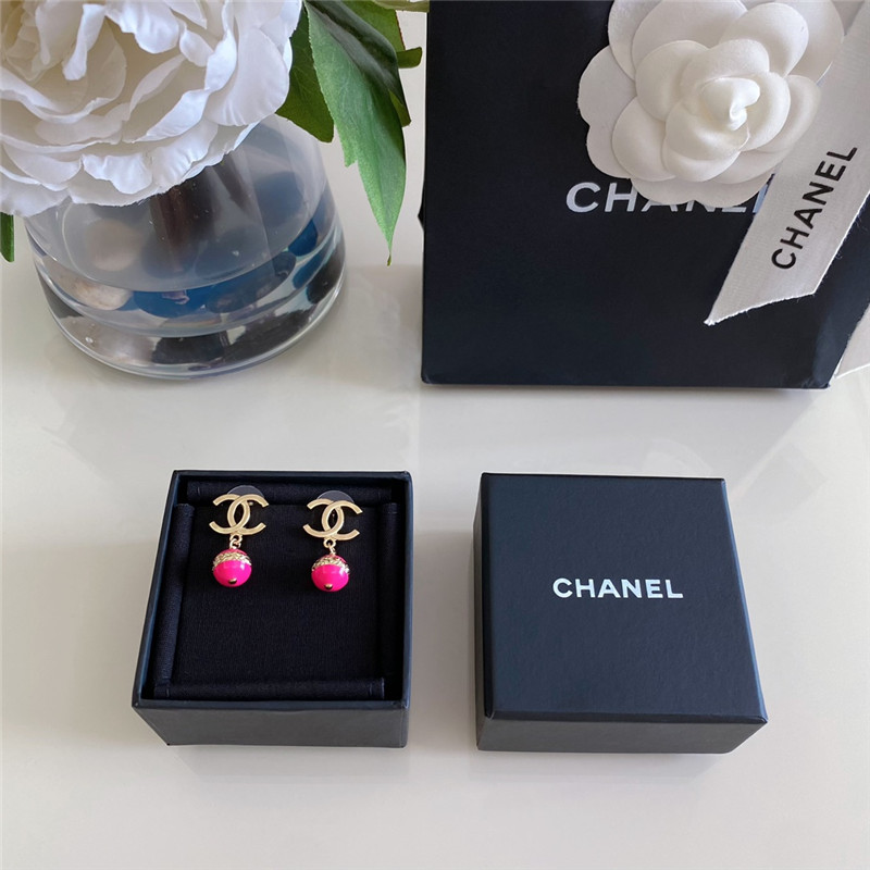 Ch**el gold double c hanging pink bead earrings