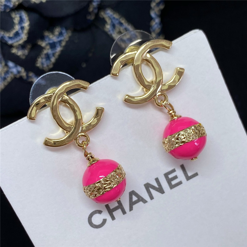 Ch**el gold double c hanging pink bead earrings