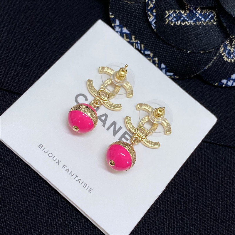 Ch**el gold double c hanging pink bead earrings