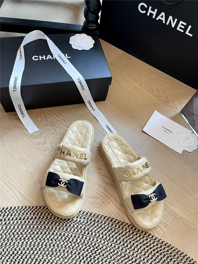 Ch**el beige bow double c platform slippers