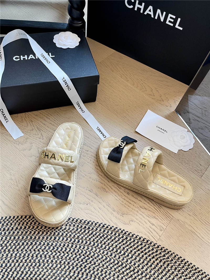 Ch**el beige bow double c platform slippers