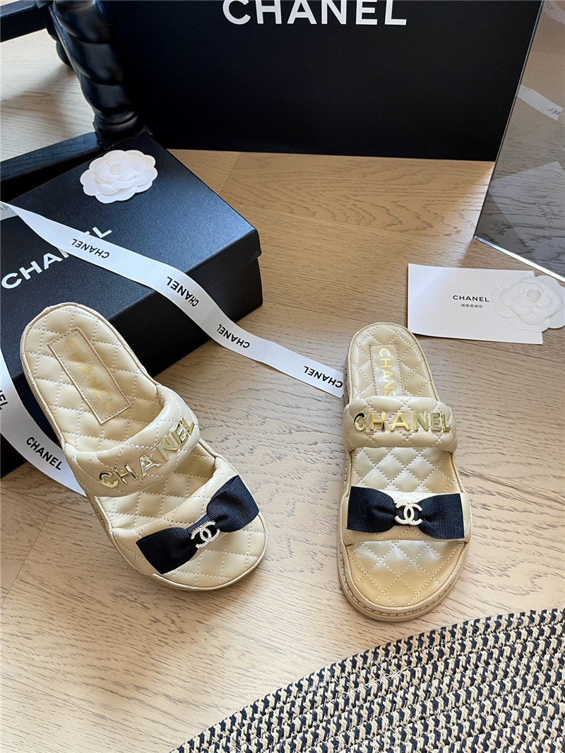 Ch**el beige bow double c platform slippers