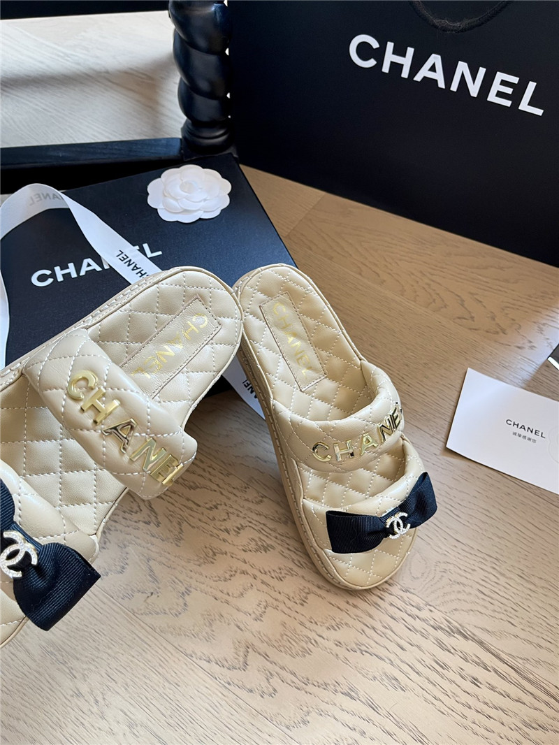 Ch**el beige bow double c platform slippers