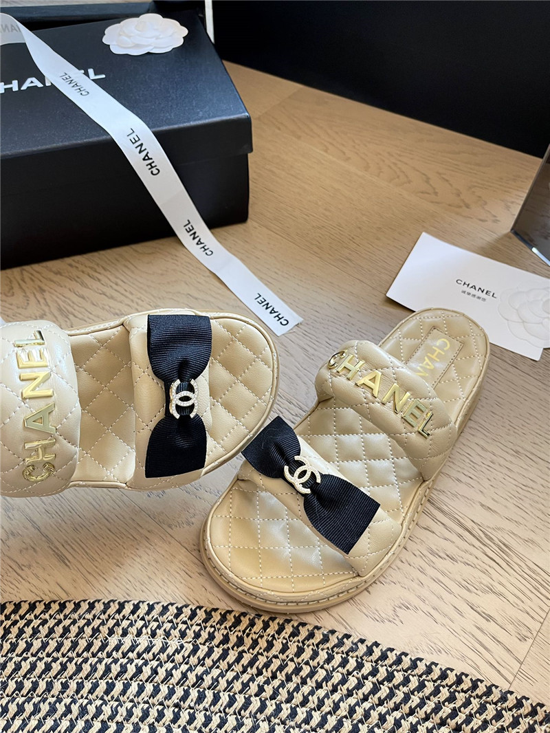 Ch**el beige bow double c platform slippers