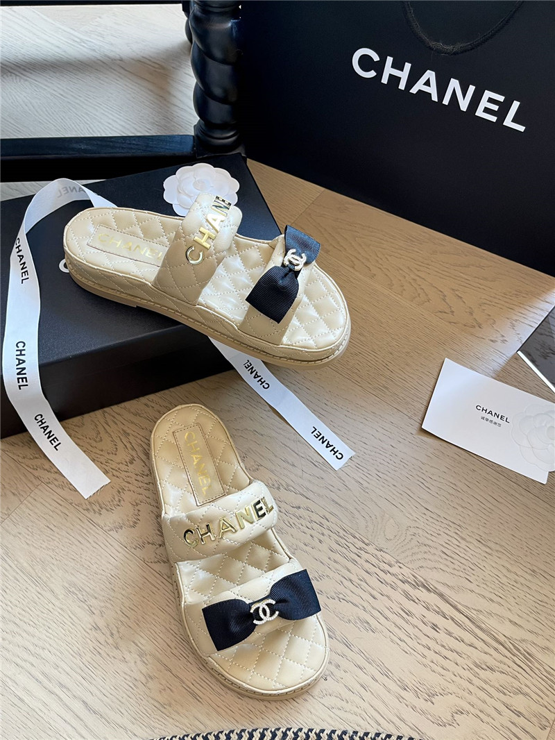 Ch**el beige bow double c platform slippers