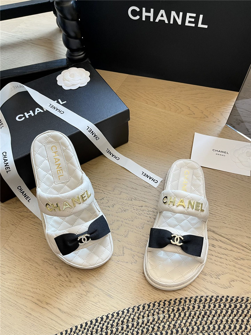 Ch**el white bow double c platform slippers