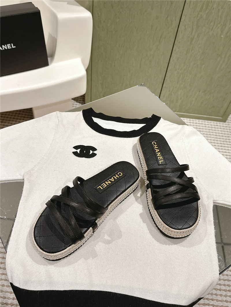 Ch**el logo espadrilles black leather slides