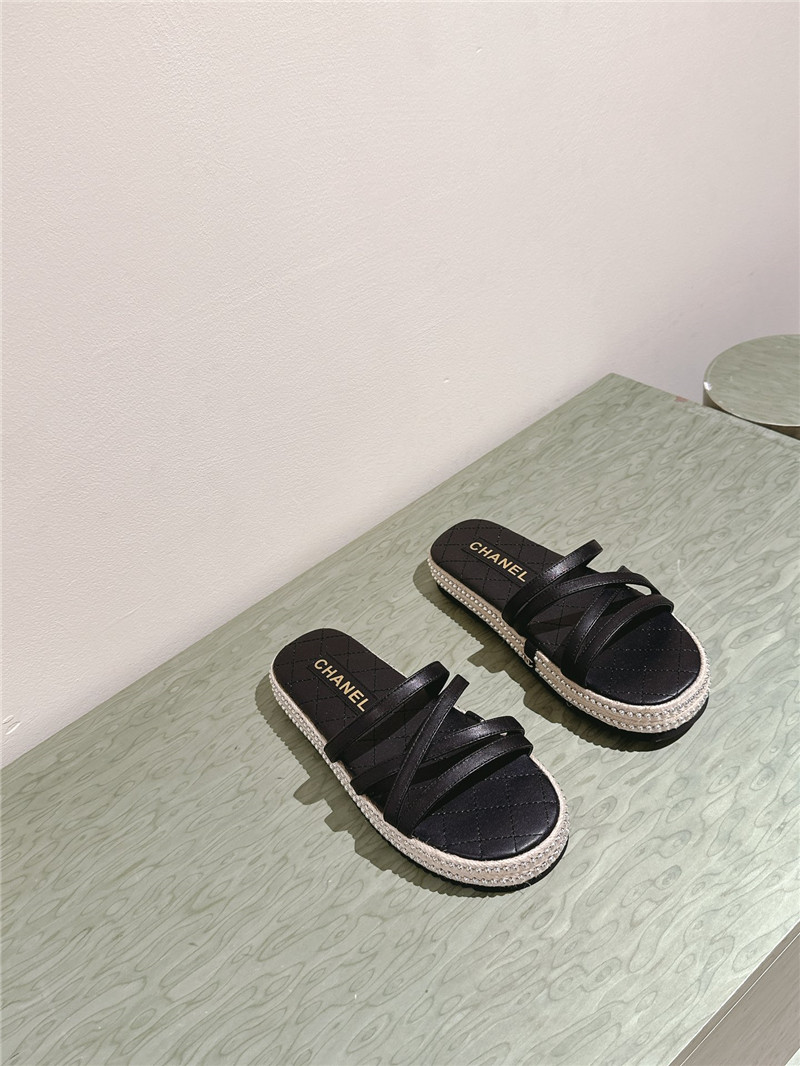 Ch**el logo espadrilles black leather slides