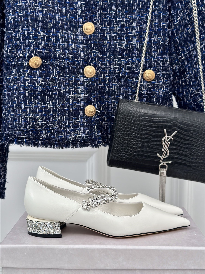 J1m*y Ch00 bing 25 white crystal strap patent leather flats
