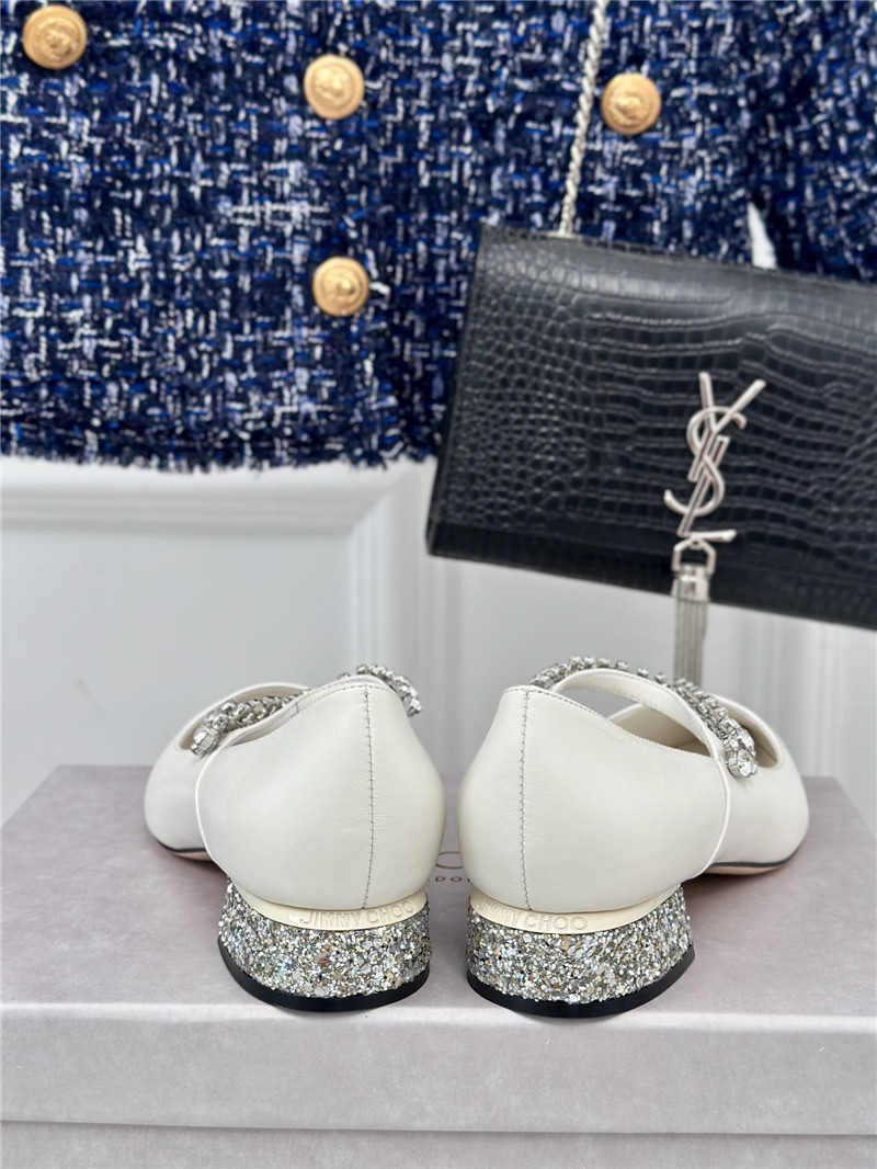 J1m*y Ch00 bing 25 white crystal strap patent leather flats