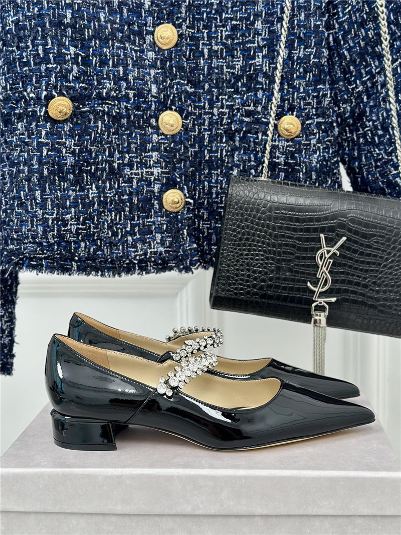 J1m*y Ch00 bing 25 crystal strap patent leather flats black