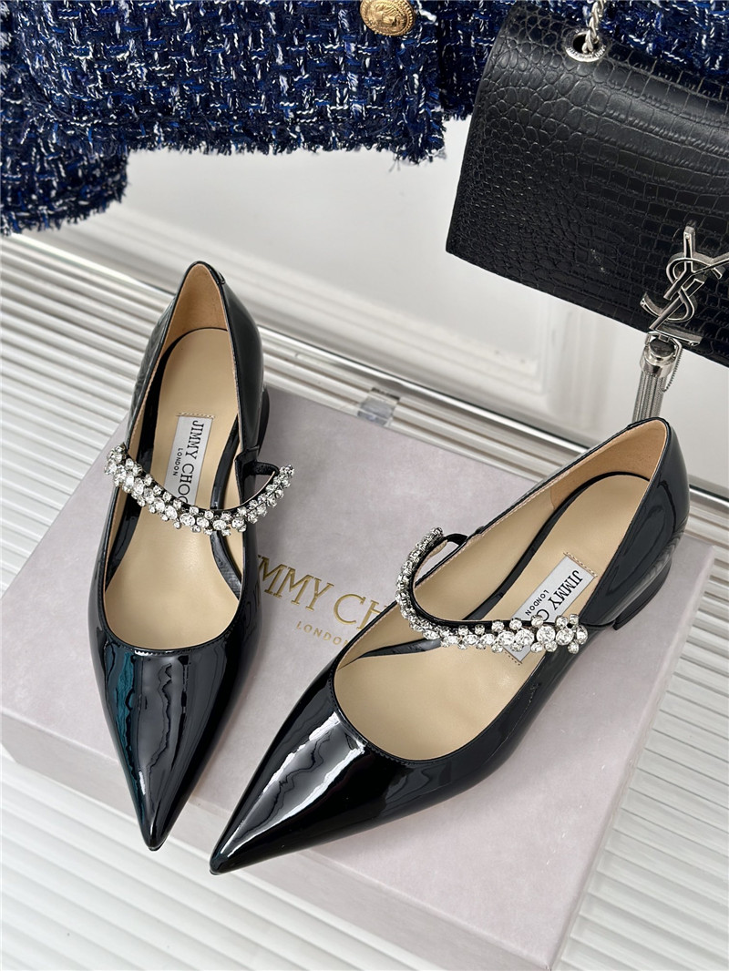 J1m*y Ch00 bing 25 crystal strap patent leather flats black