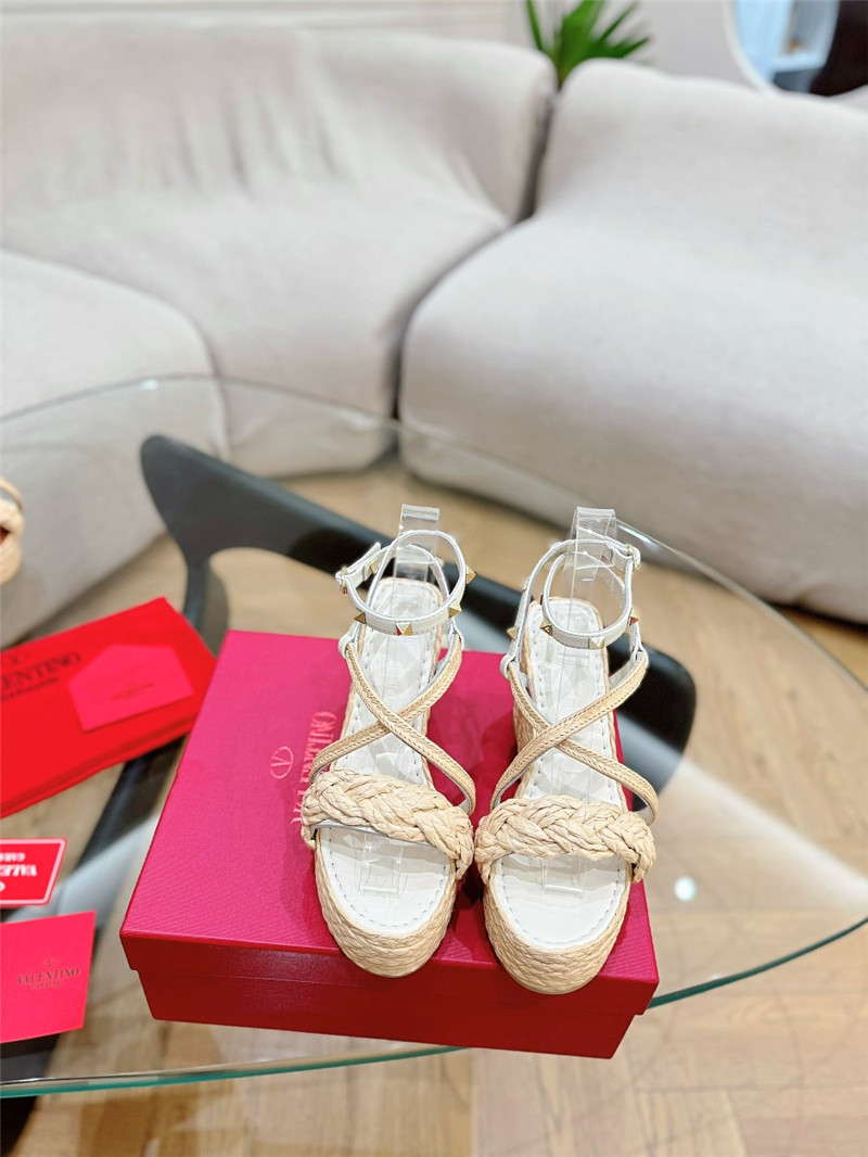 Va1e*ntin0 garavani rockstud white raffia leather espadrille wedges