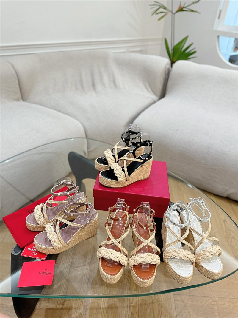 Va1e*ntin0 garavani rockstud white raffia leather espadrille wedges